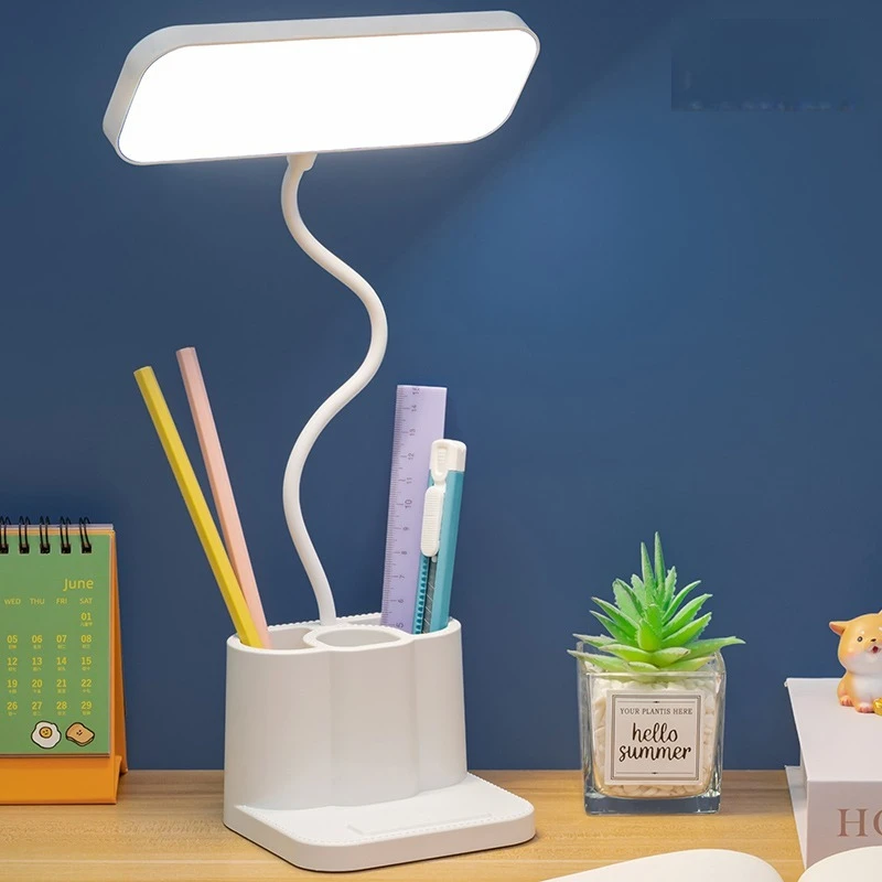 LED Desk Lamp with Pen Holder, Rechargeable, Three Adjustable Brightness Levels, Eye-Friendly White Light, Suitable as a Night L