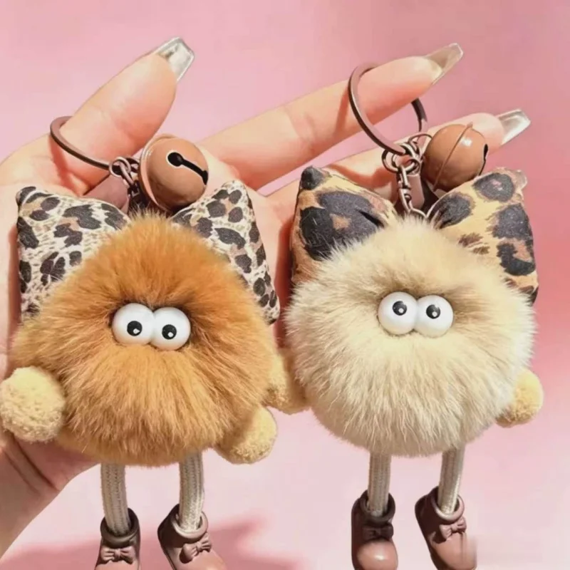 Leopard Print Bow Plush Monster Keychain Fluffy Faux Fur Pom Pom Bag Charm with Big Eyes for Women