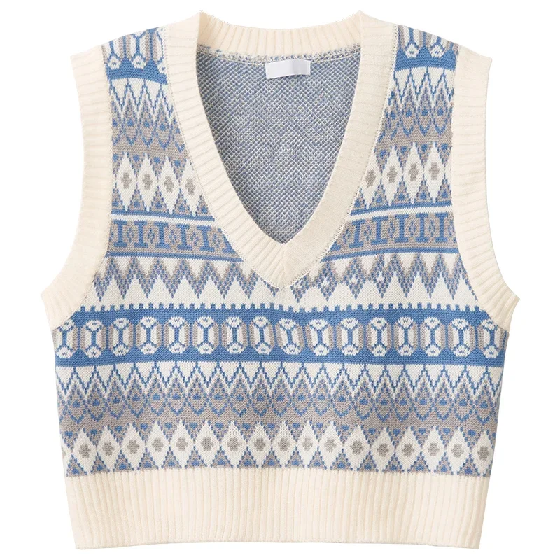 Vintage Argyle Knitted Vest Women V-Neck Sleeveless Oversized Pullovers Female Waistcoat Tops Autumn Casual Loose Sweater Vest