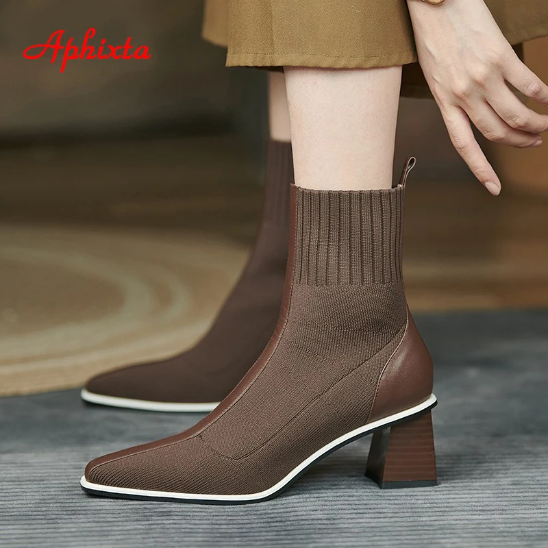 Aphixta 2023 New 6.5cm Chunky Heel Beige Coffee Stretch Cotton Fabrics Sock Boots Women Stretch Kniting Pointed Toe Shoes