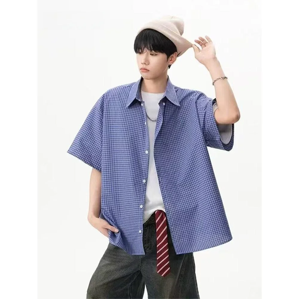 

American Retro Blue Plaid Short Sleeve Shirt Unisex Loose Casual High-End Feeling Versatile Layering Trendy Shirt Jacket