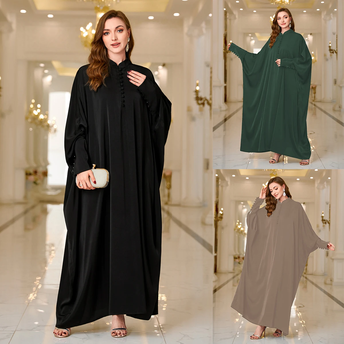 Ramadan Abaya Kaftan Dress for Women, Modest Batwing Sleeve Maxi Dress, Solid Color, Button Front, Women's Clothing