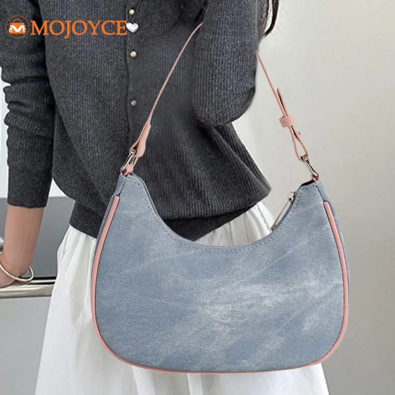 Retro Denim Shoulder Bags Women's High Quality Underarm Bags Color Matching Versatile Crescent Bag Designer Vintage Tote Handbag