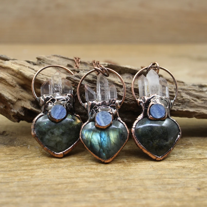 Heart Shape Labradorite Soldered Bronze Pendants Antique Copper Crystal Point Charms Necklaces Kyanite Quartz Jewelry QC3317