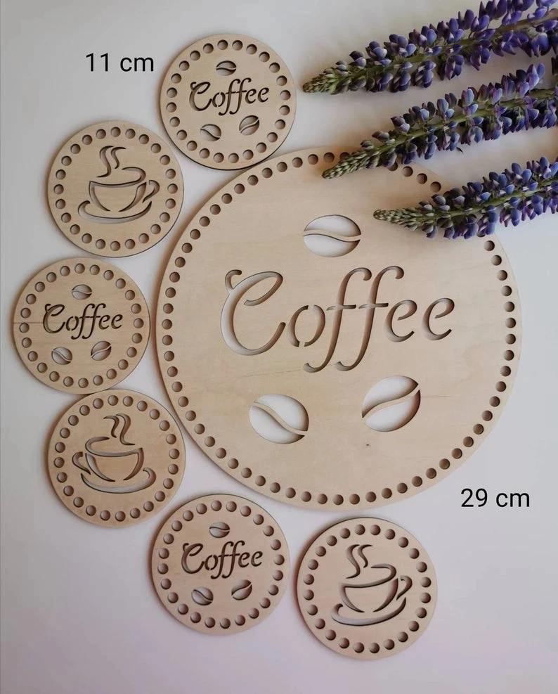 

Набор из 7 деревянных нитей для чая/кофе. Корзина для вязания крючком. Деревянные аксессуары для вязания крючком. Низ корзины из веревки.