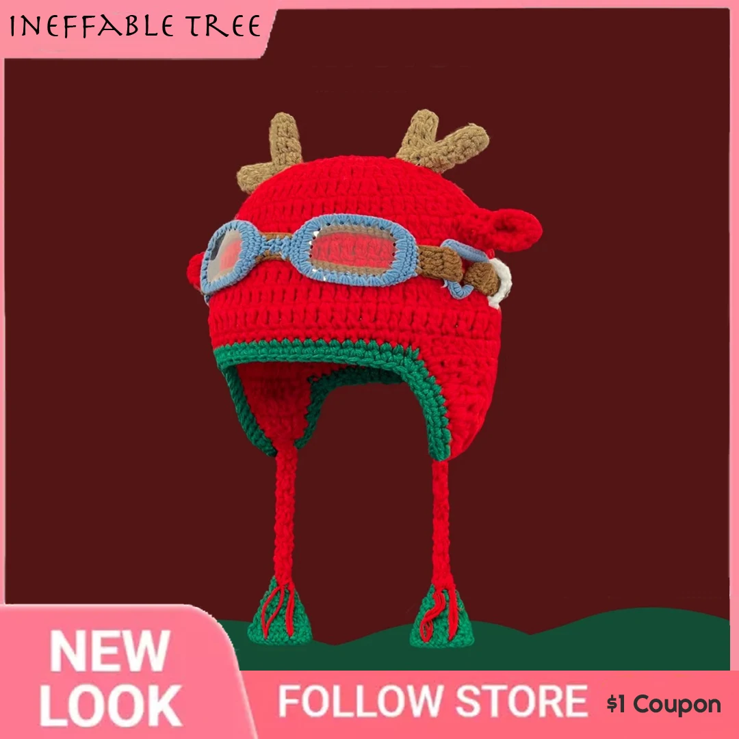 Korea Cartoon Lamb Ear Pullover Pilot Caps for Men Women Autumn Winter Christmas Warm Knitting Red Flying Glasses Bomber Hat