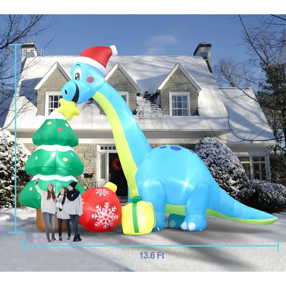 13.6 Ft Long Christmas Inflatable Decorations, Huge Xmas Inflatable Dragon Dinosaur with Trees Gift Hats Decors Built-in LED