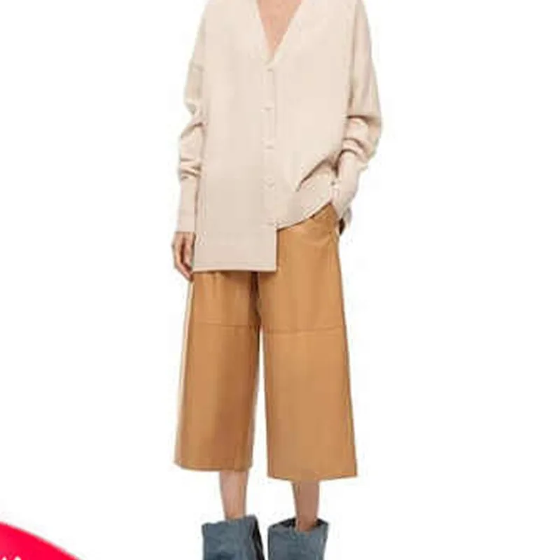 

2024 Women New Fashion Genuine Sheepskin Leather Pants Elastic Waist Loose Wide Leg Pants E24