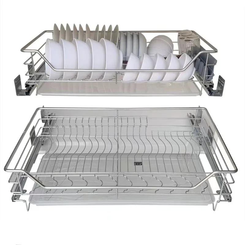Kitchen cabinet pull basket 304 stainless steel double buffer drawer type bowl basket kitchen cabinet seasoning