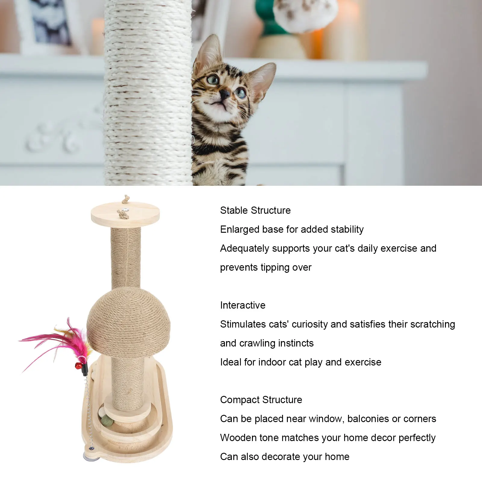 Cat Scratching Post with Teasing Wand, 2 Layer Ball Track, Interactive Tall Kitten Scratcher, Indoor Cats, Oval Turntable