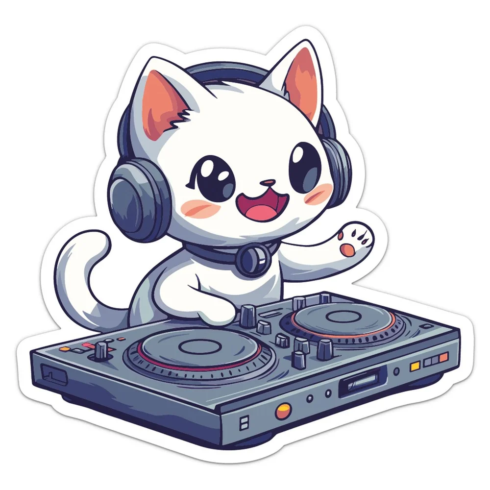 Kawaii Cat DJ Funny Vinyl Car Sticker Self Adhesive Decal for SUV Window and Travel Bag Animal Art Decoration
