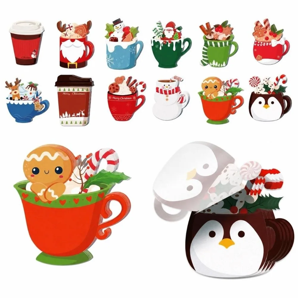 Self-Stick Tea Cup Note Pad Set Santa Claus Elk 12 Styles Christmas Sticky Notes Xmas Theme Stickers Christmas Gift Giving