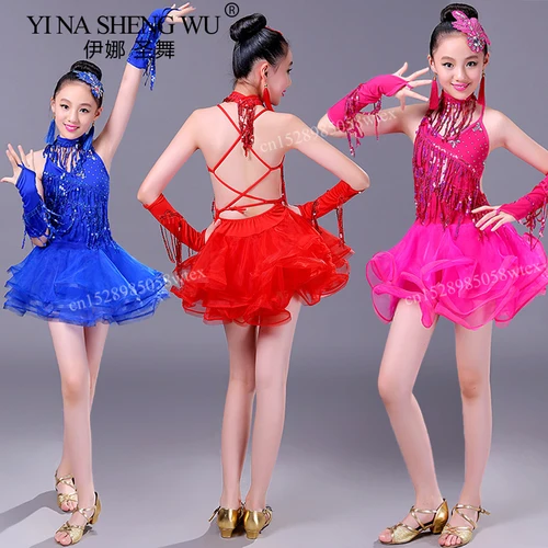 Falda de baile latino con borlas para niños, disfraz de escenario actuación, ropa de práctica de baile con borlas de lentejuelas para competición latina