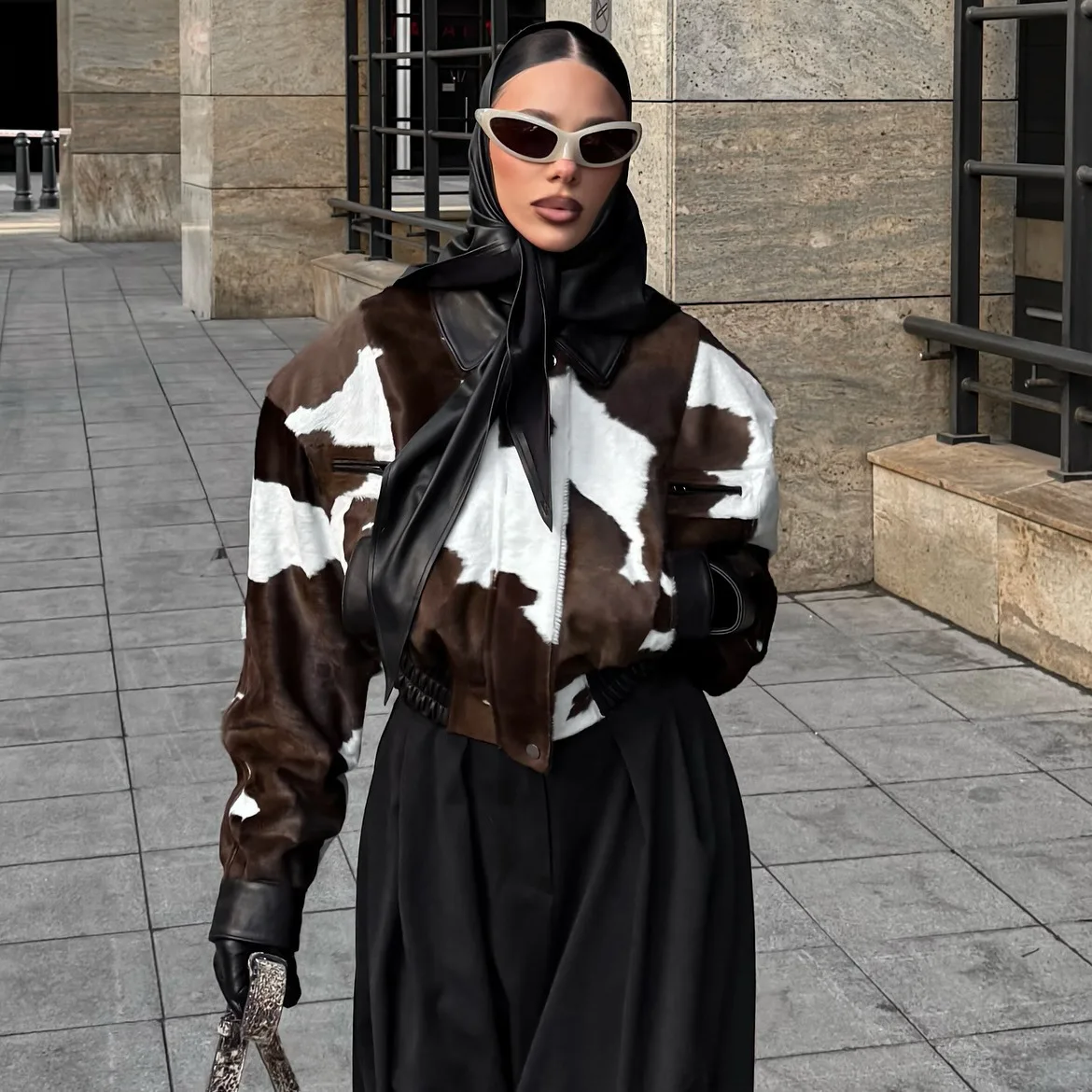 

American street style design sense cow pattern leather jacket niche no hat versatile short jacket women's trend fashion