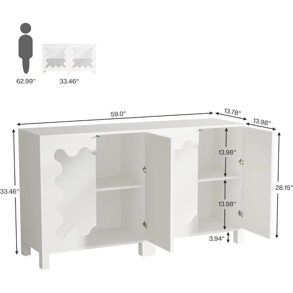 Mirrored Sideboard Buffet Cabinet, 4 Storage Compartments Large Storage Cabinet for Kitchen Living Room Hallway(2 Pieces, White)