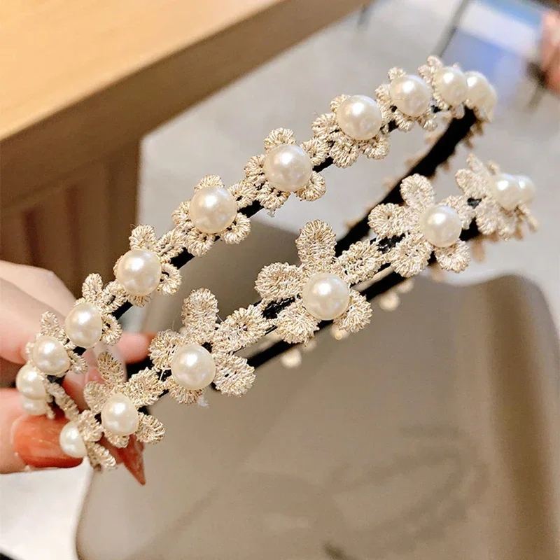 

Kids Hair Flower Hair Full Pearl Hoops for Girl Elegant White Flower Princess Kids Hairbands PartyWedding Headdress Accessories