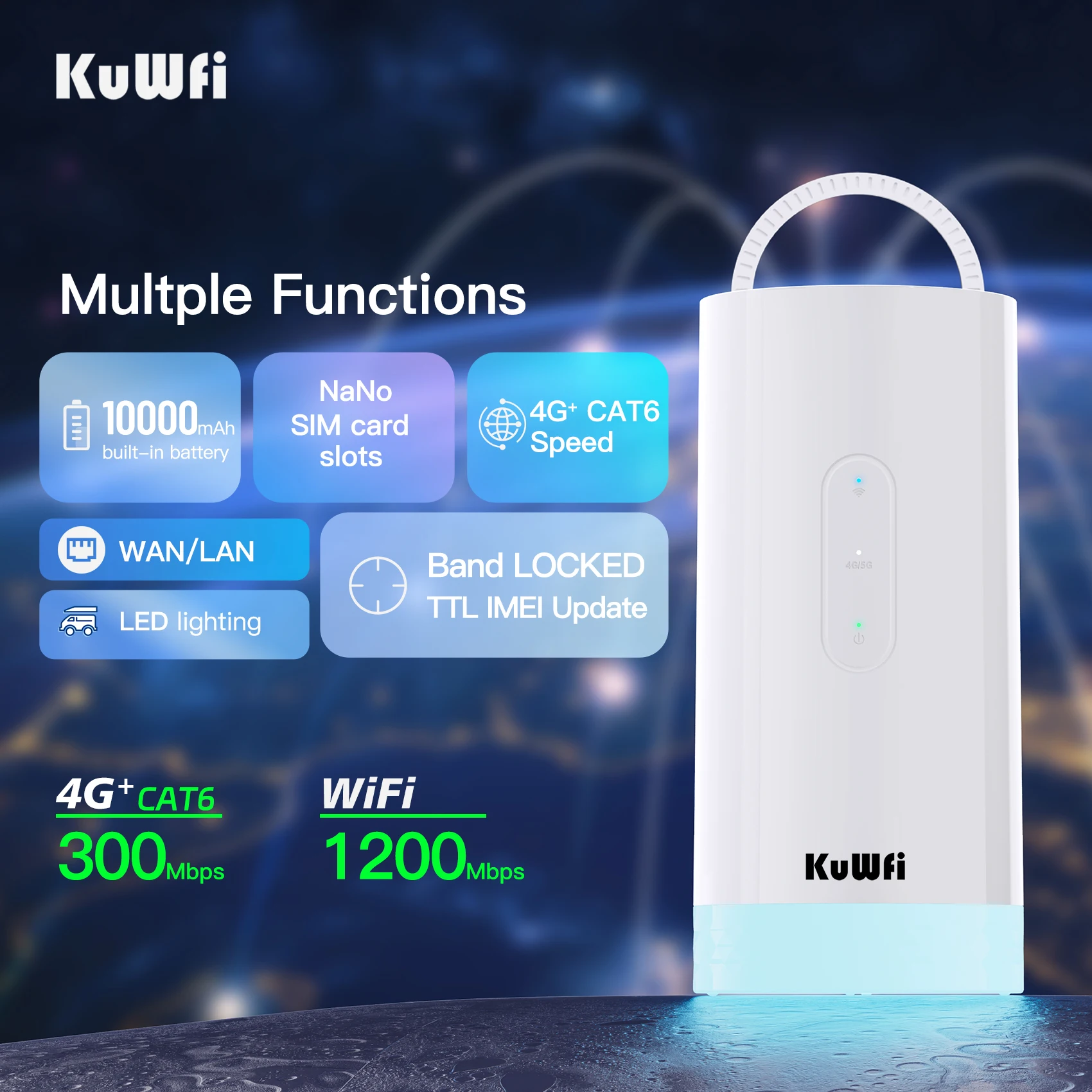 KuWFi 4G LTE CAT6 Router 1200Mbps High-Speed WiFi 10000mAh Ultra Long Endurance Outdoor Lighting Camping Router Support SIM Card