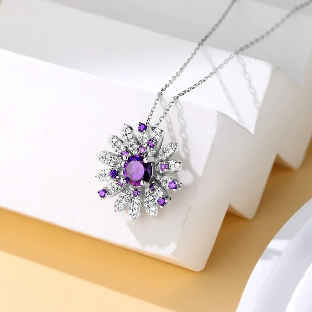 

2025 S925 pure silver purple daisy necklace, fashionable and high-end, sunflower pendant, wedding jewelry