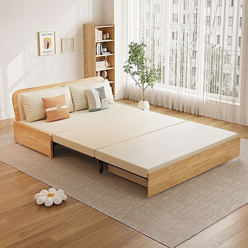 

Solid wood folding sofa bed without armrests Multifunctional dual-purpose retractable folding double living room