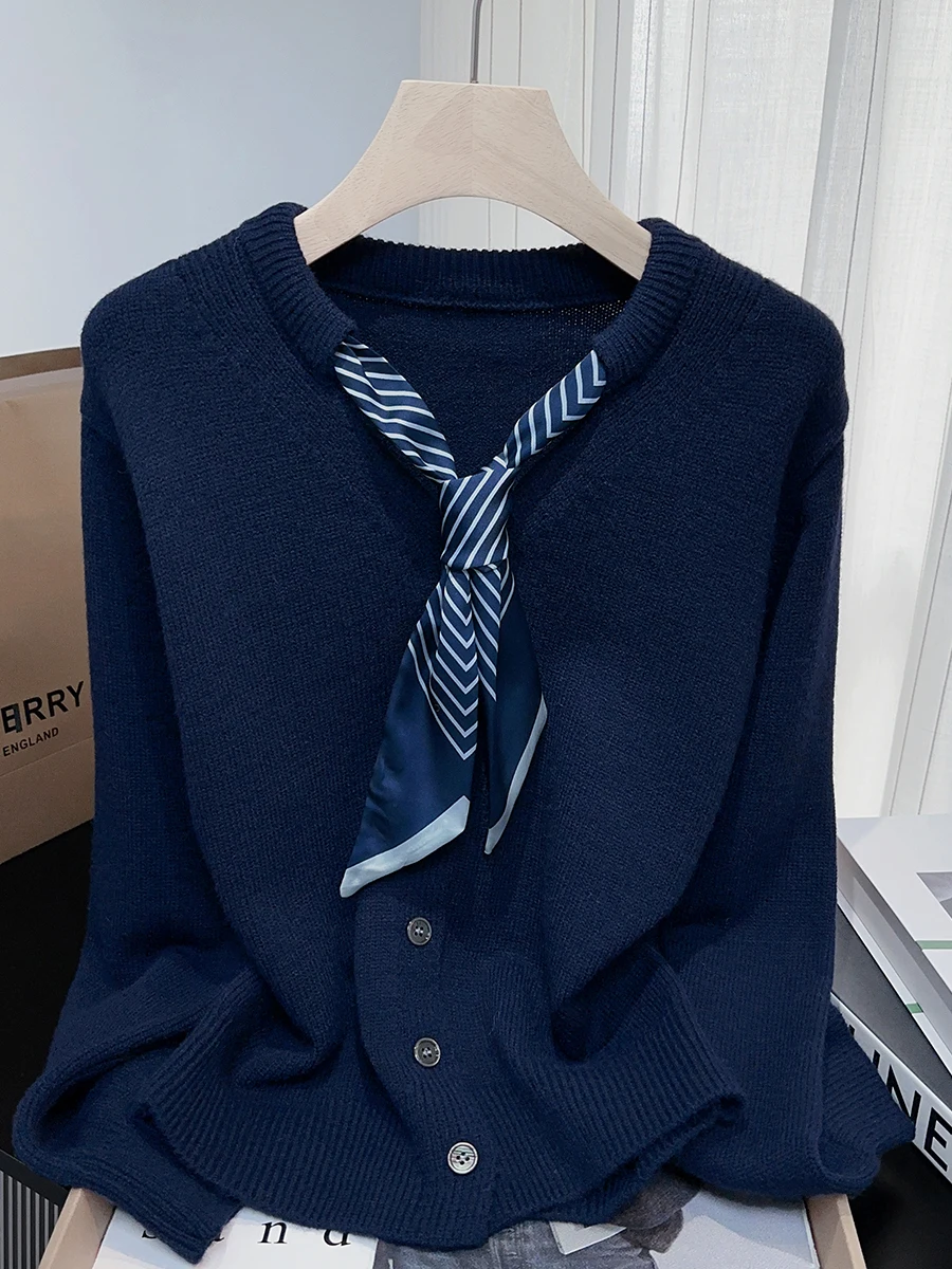 سترة كورية Sle V-Ne مع وشاح حريري فضفاض طويل Sve سترة نسائية حلوة وعصرية بيضاء للخريف والشتاء تريكو #3