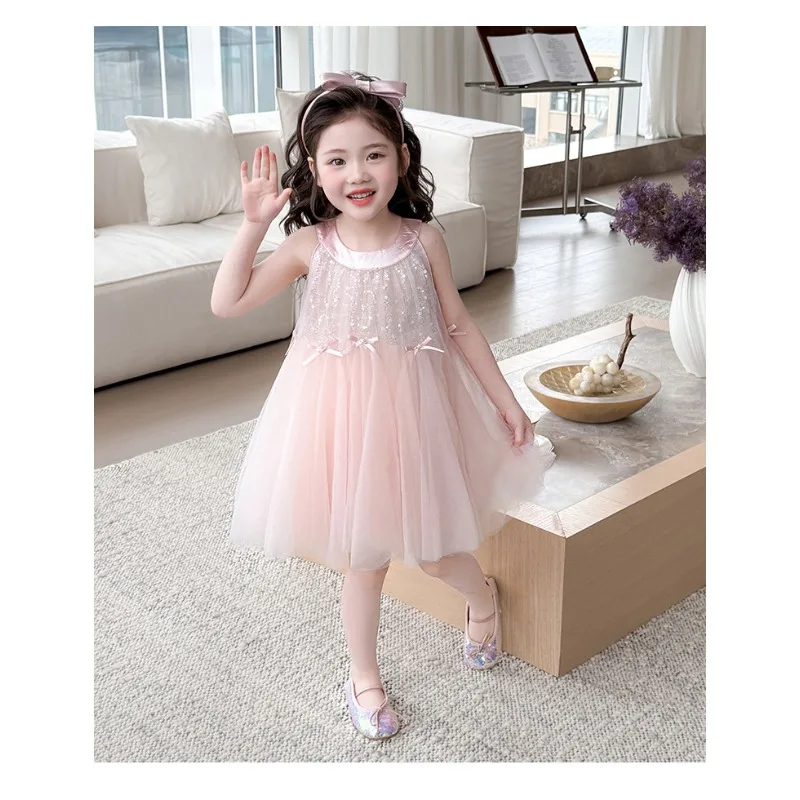 

Girls' camisole dress summer 2026 new stylish children's mesh princess girls' vacation style hanging neck dress