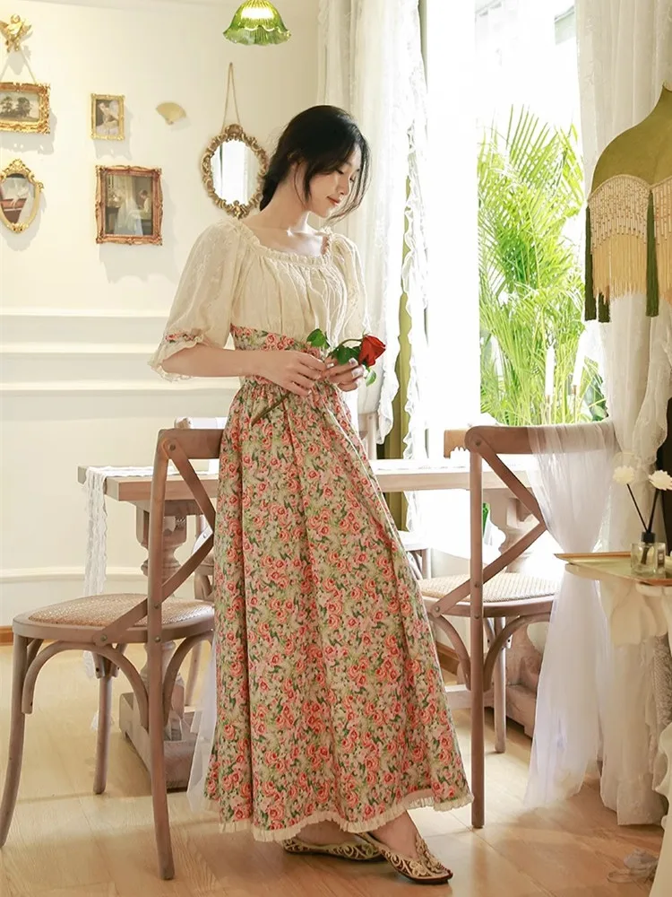 84-92cm Bust SpringSummer Maxi Dress Women Vintage Oil Painting Floral Print Dress ElegantSlim O-Neck Half Sleeve Princess Dress