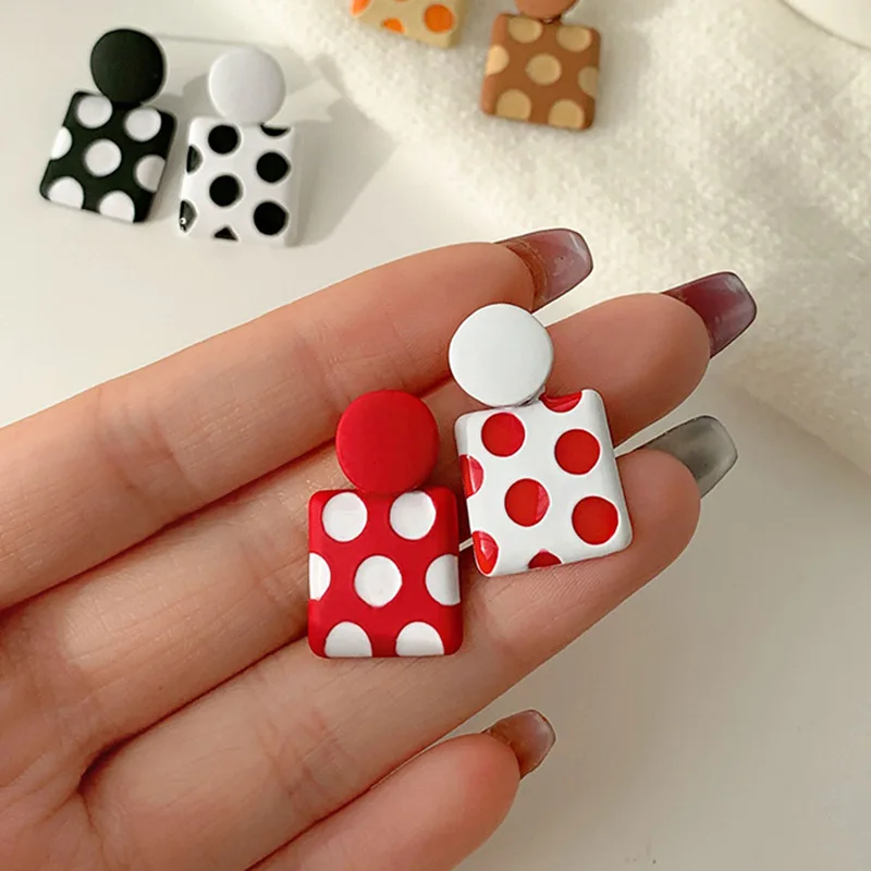 Trendy Geometric Square Red White Polka Dot Drop Earrings Korean Unique Style Asymmetric Enamel Ear Jewelry New Year Gift