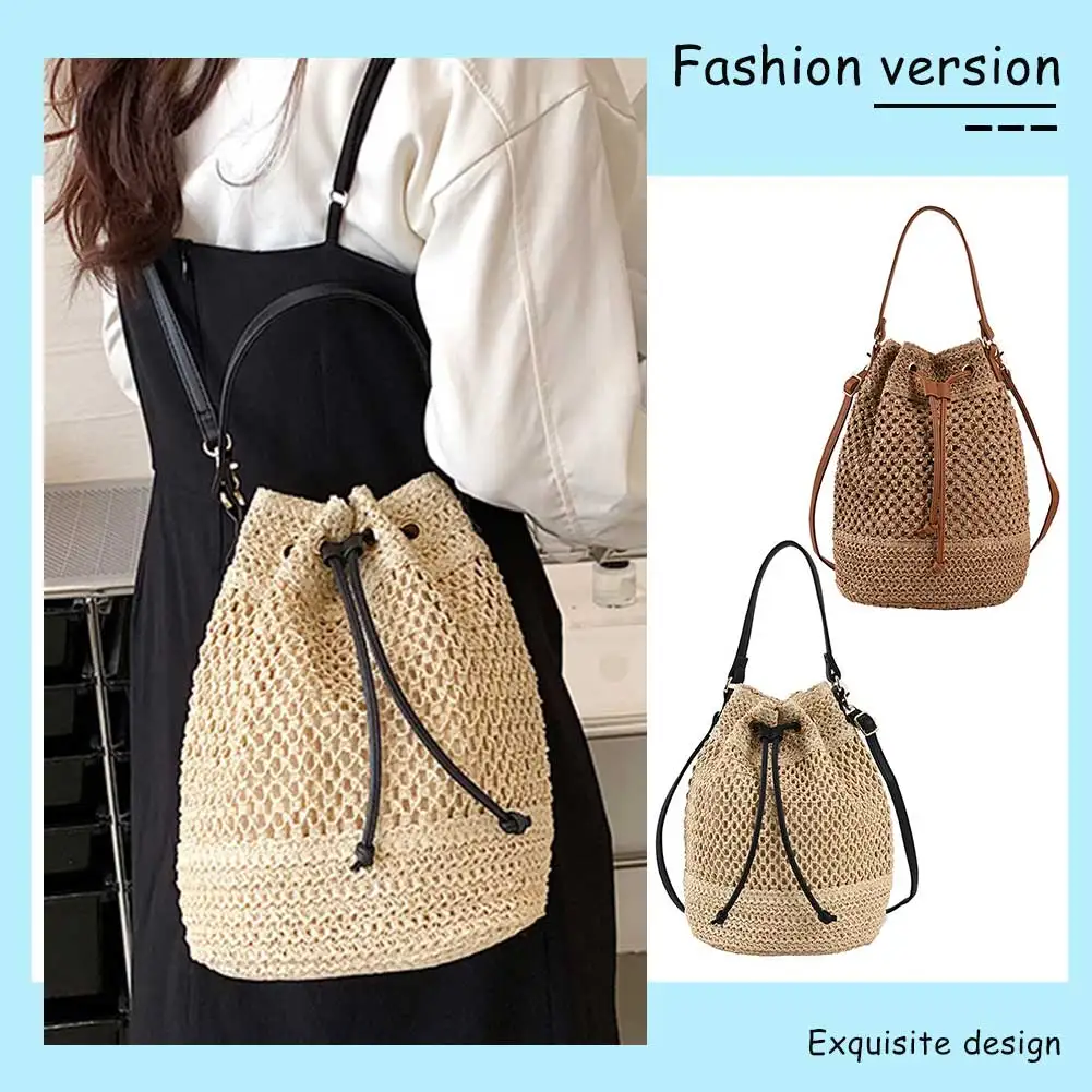 Summer Women Handbags Drawstring Straw Beach Crossbody Bags Adjustable Strap Casual Simple Portable Elegant for Weekend Vacation