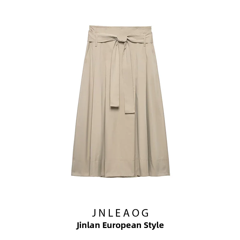 JNLEAOG Autumn New Style Women's Slim Fit Midi Skirt with Belt A-Line Skirt mid Waist Polyester Fiber Vintage Process