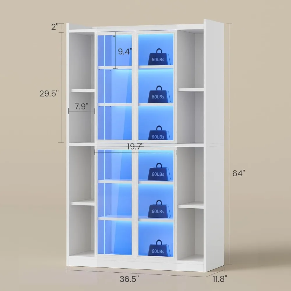 Illuminated 6-Tier Glass Door Display Cabinet with Adjustable Shelves, 64