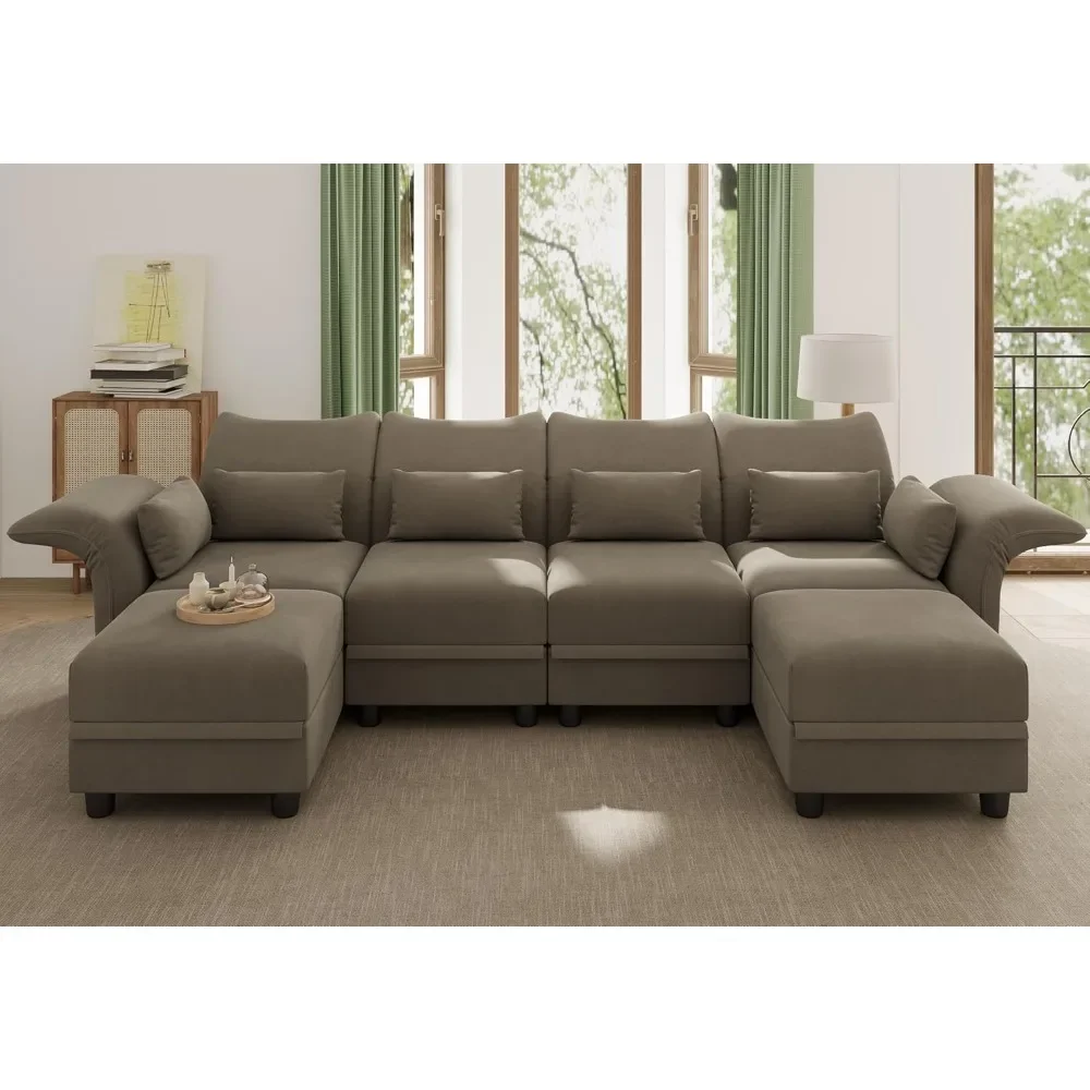 Oversized U Shaped Convertible 6 Seat High Back Modular Couch with Storage Soft Easy Clean Modular Sectional Couch