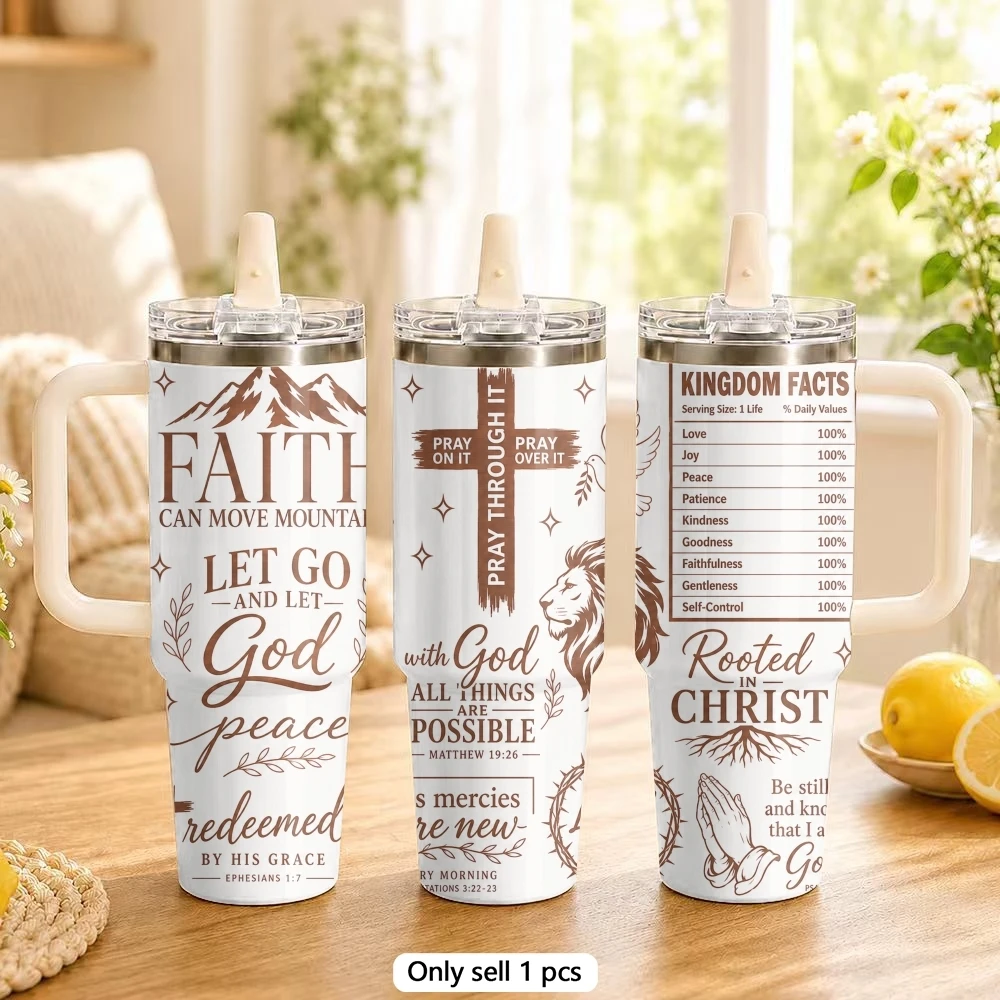 Biblical Faith Vacuum Flasks 40oz Stainless Steel Tumbler with Handle Straw Lid Vacuum Insulated Double Wall Leak Proof
