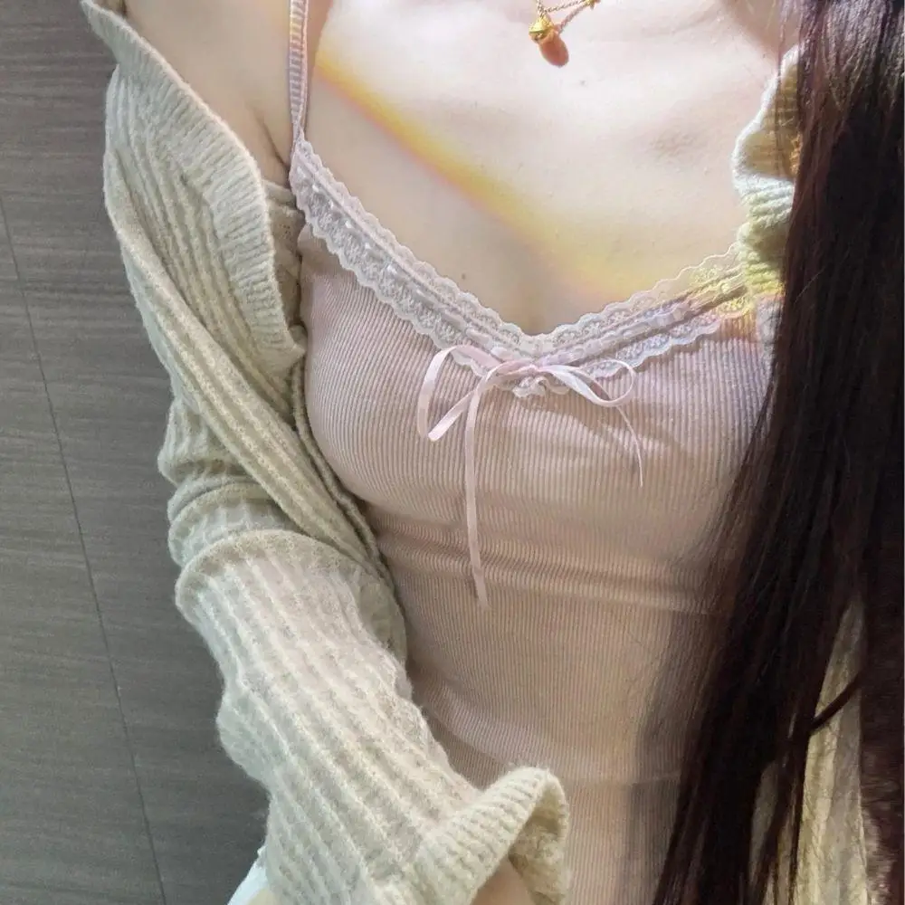 

Summer Spicy Girl Inner Pad Sling Vest Short Style Fashion Small Vest Women Camisole Sleeveless Solid Color Lace Trim Tank Tops