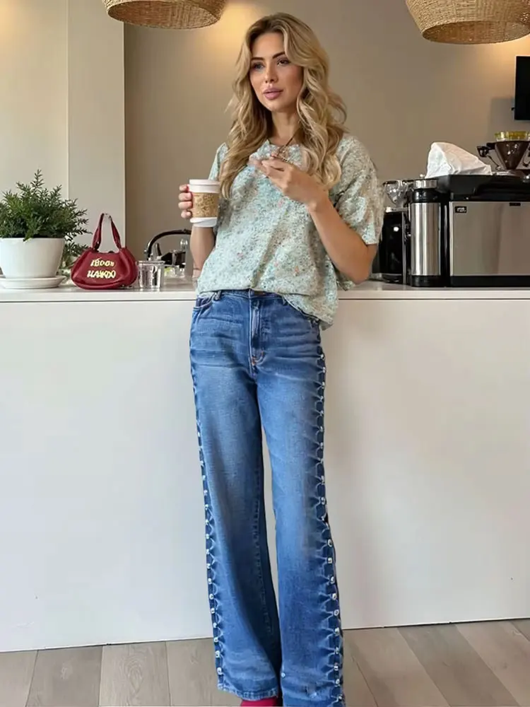 

HH уличная мода прямые с металлическими заклепками высокая талия свободные широкие джинсы для женщин осенние универсальные брюки винтажный низ