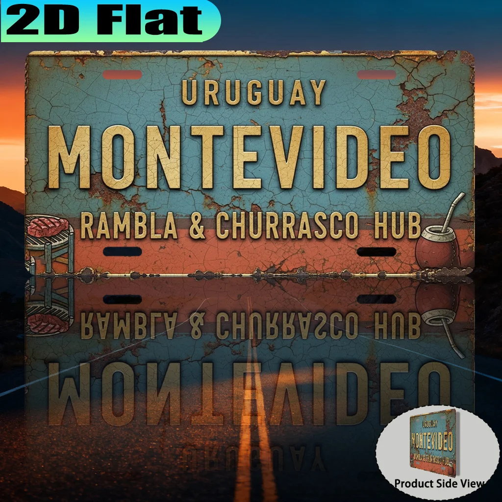 Letrero de Aluminio Vintage 2D Plano, 1 Pieza, Rambla y Centro Comercial Churrasco de Montevideo, Uruguay (30.48 x 15.24 cm), para Decoración