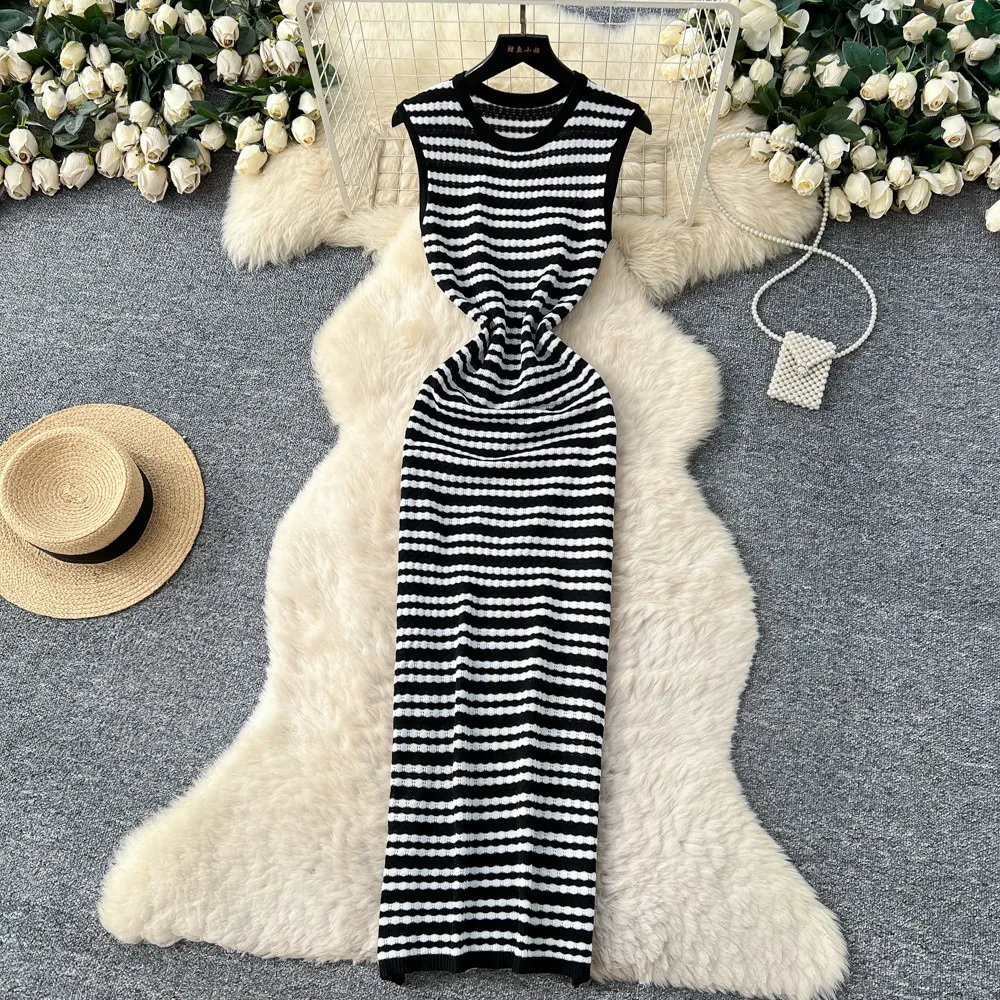 

Women Long Dress Knit Dresses Vestidos Y2k Streetwear Round Neck Sleeveless Elegant Party Night Work High Waist Slim Fit 2026