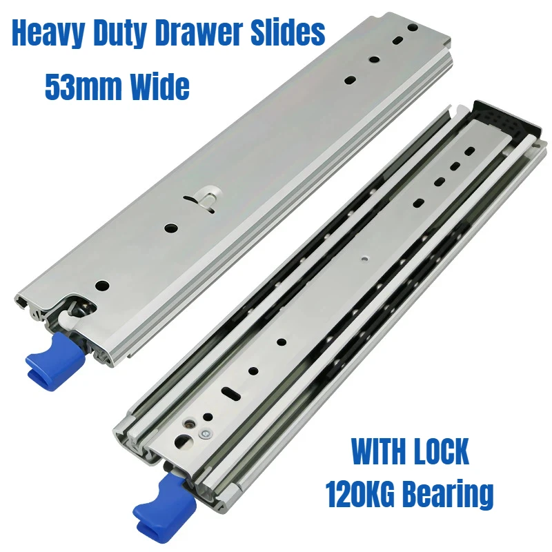 Heavy Duty Drawer Slides with Lock 120KG Bearing 3 Fold Full Extension 53mm Wide Industrial Rail Runners for Storage Organizing