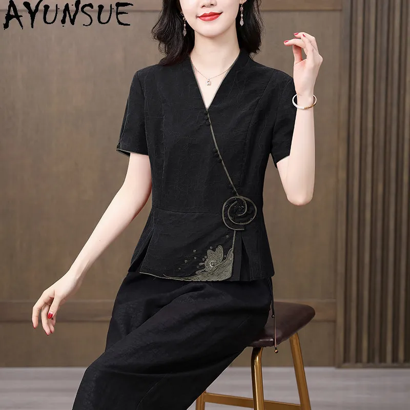 AYUNSUE 100% Real Mulberry Silk Women T Shirts Xiangyunsha Slim Fit Tops for Women New Vintage Summer Clothing 2026 Ropa Mujer