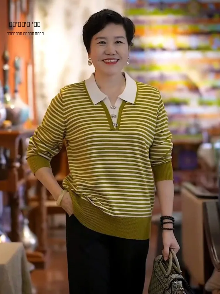 

Новинка 2023 года, вязаный свитер для мам, полосатый базовый слой, топ для детей 40-50 лет, модная осенняя одежда больших размеров, полиэфирное волокно