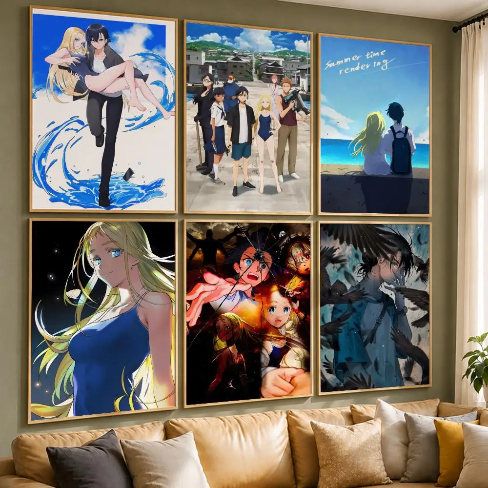 Super Anime S-Summer Time RenderingS Poster Vintage Retro Anime Poster Stickers Peel and Stick Wall Art Home Decor