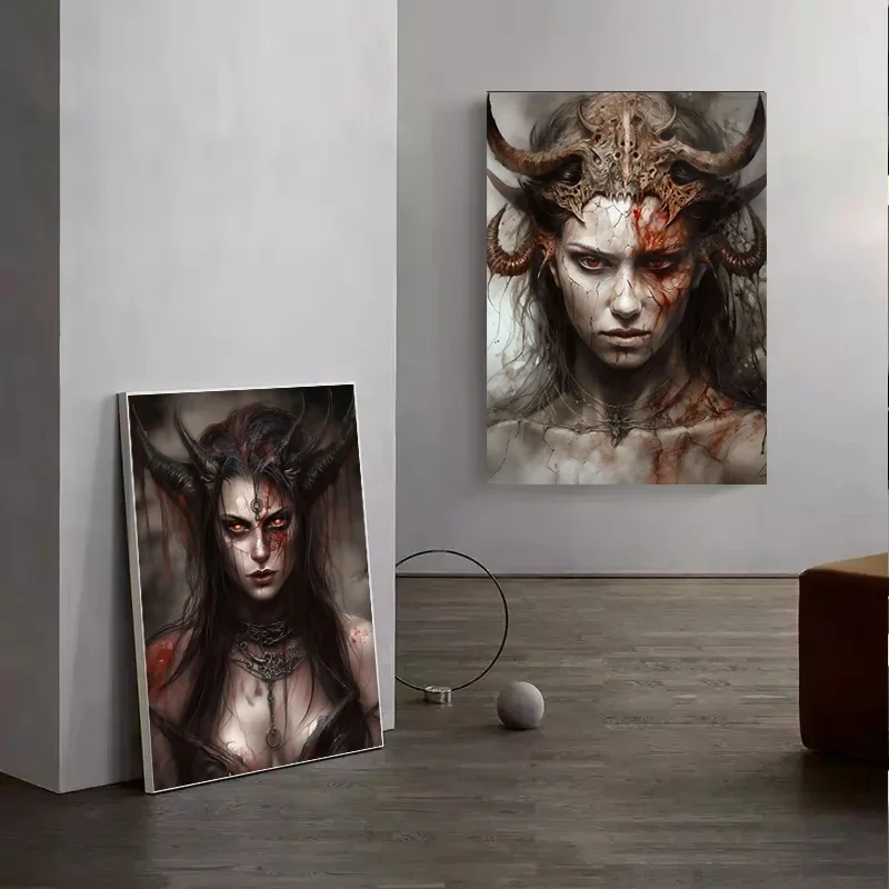 Gothic Woman Canvas Painting Horrible Female Demon Demoness Poster Print Modern Wall Art Picture for Living Room Home Decoration