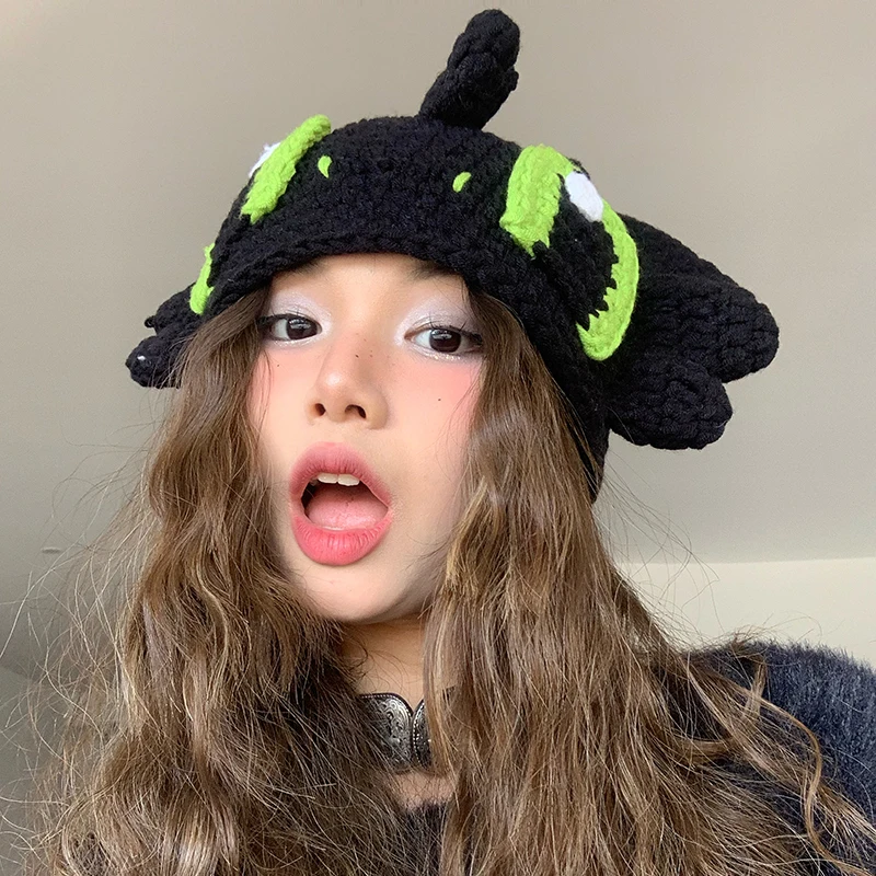 Green Big Eyes Funny Hat Personality Little Devil Wool Hat Women Fashion Brand Niche Ears Tentacles Hand-knitted Hat Winter Man