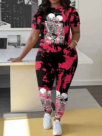 Plus-Size Women's Casual Suit, Round-Neck Tie-Dye Portrait Bone Pattern Printed Long Pants Two-Piece Set