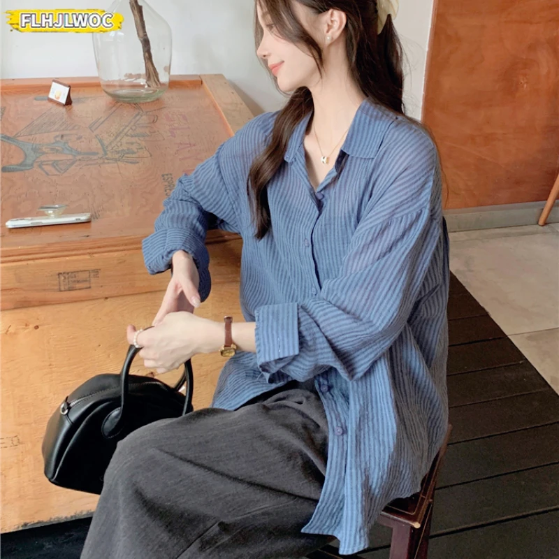 

Cotton Tops Lazy Korea Style Striped Shirt Blouse 2025 Spring Summer Retro Loose Thin Transparent Boyfriend Button Long Shirts