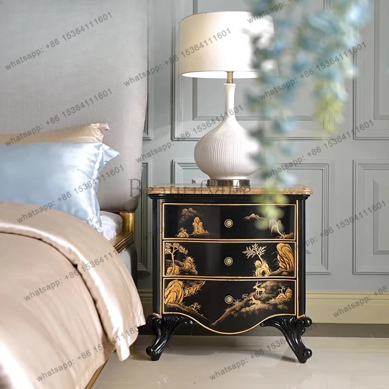 French luxury solid wood carving flower bedside table European hand painted gold craft bedside table