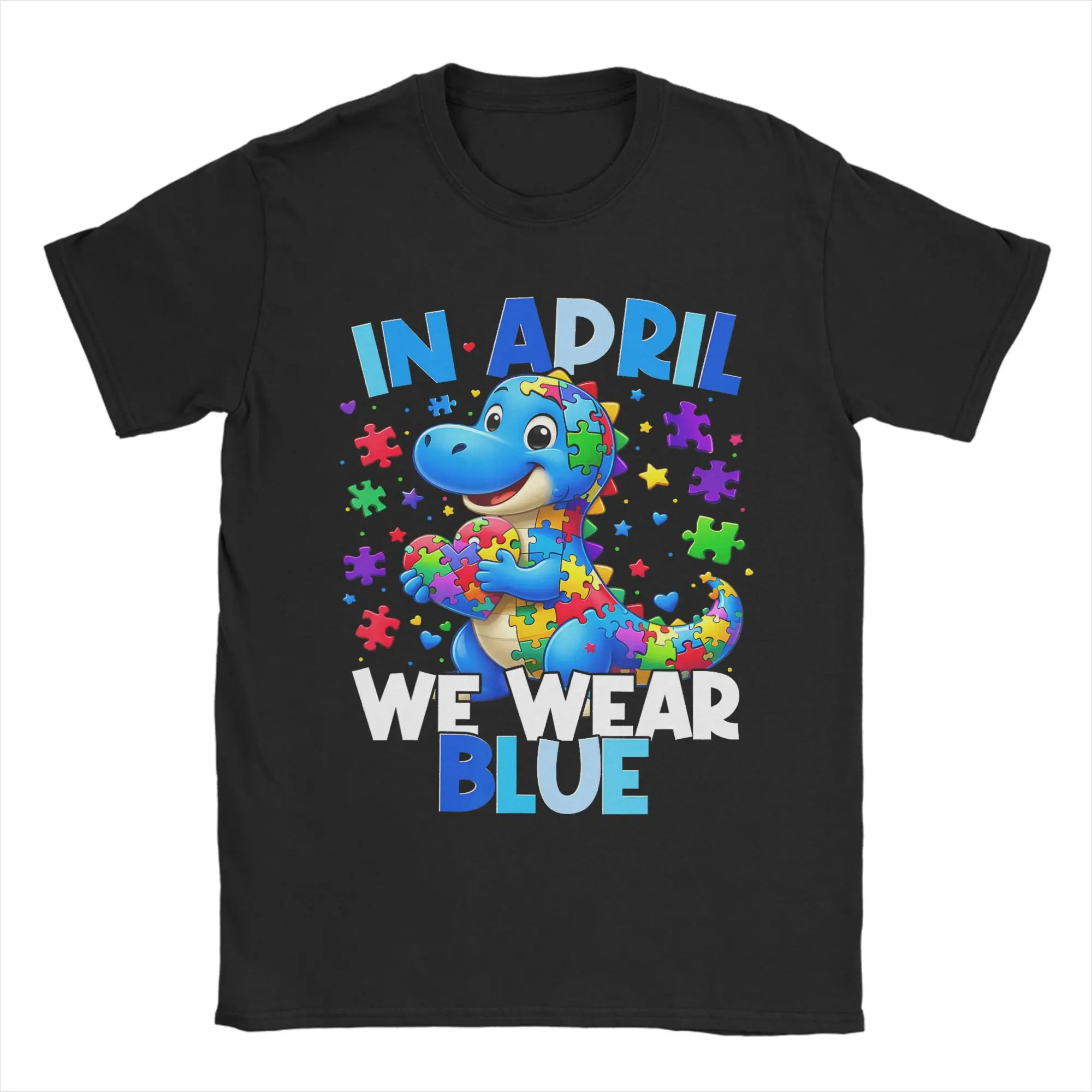 April We Wear Blue Autism Awareness T Shirts Men 100% Cotton Leisure T-Shirt Crew Neck  Tee Shirt Short Sleeve Tops Printing