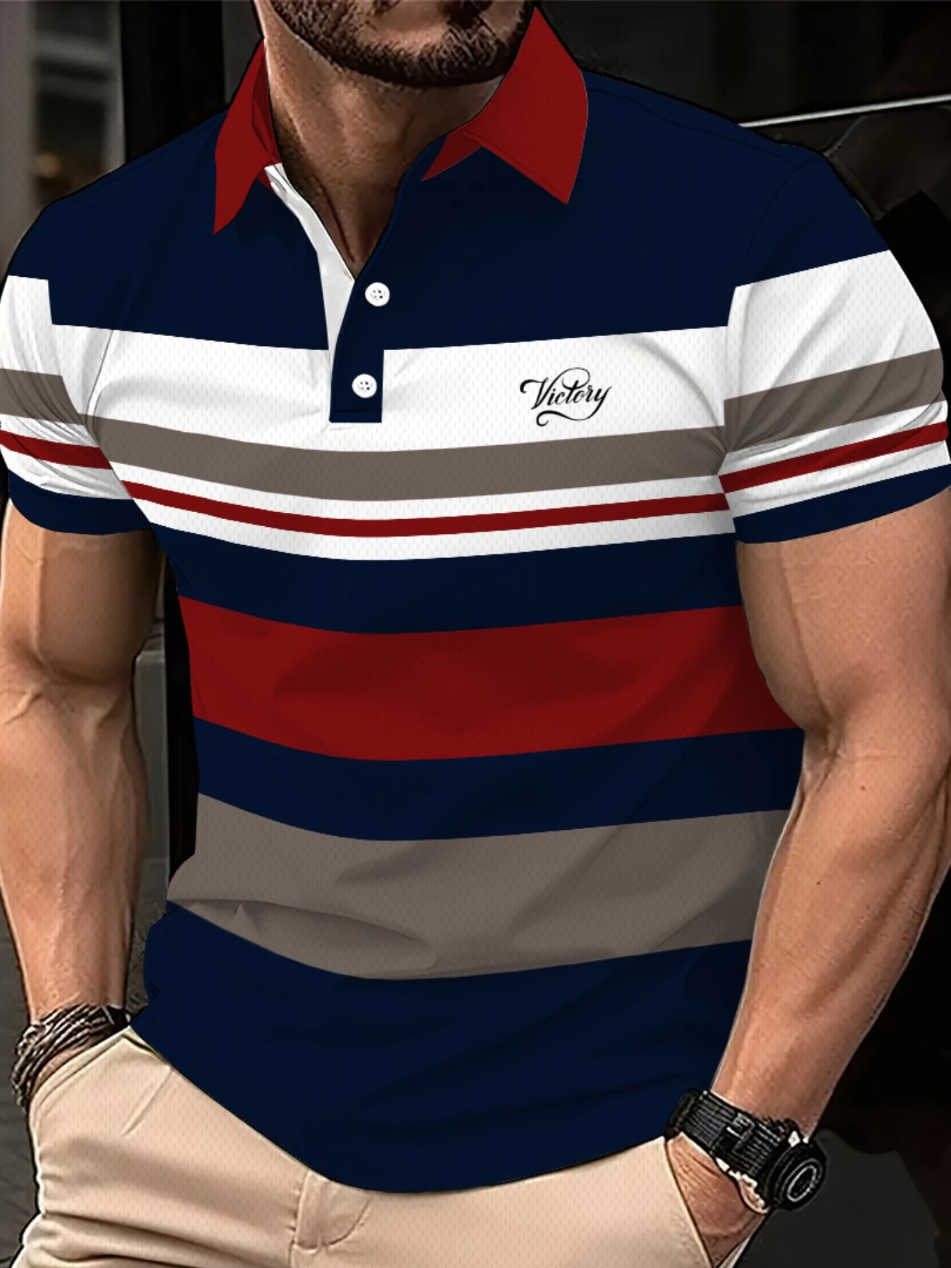 Simple Striped Victory Letters Graphic Polo Shirts for Men Summer Casual Long Sleeve 3D Printed Polo Shirt Loose Breathable Top