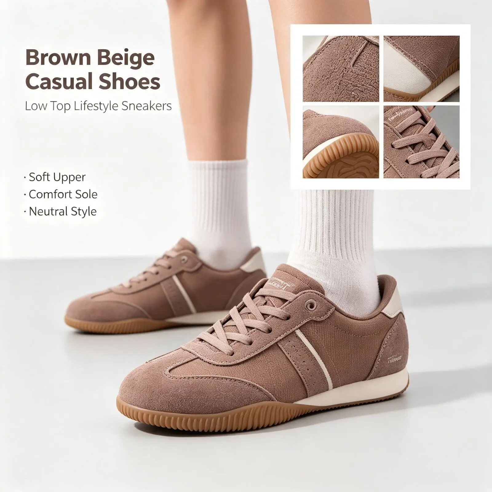Skechers Brown Beige Low Top Casual Shoes, Classic Lifestyle Sneakers, Comfortable Breathable Walking Shoes