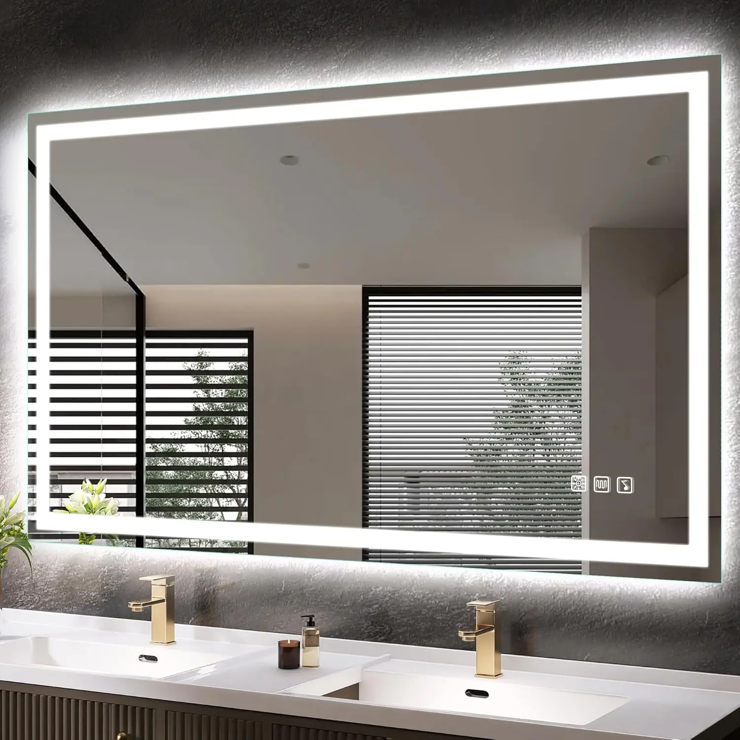 

Led-Bathroom-Mirror-with-Lights 60"x36" Wall-Mounted with 3 Colors Dimmable Light Bluetooth Speaker Anti-Fog Horizontal/Vertical