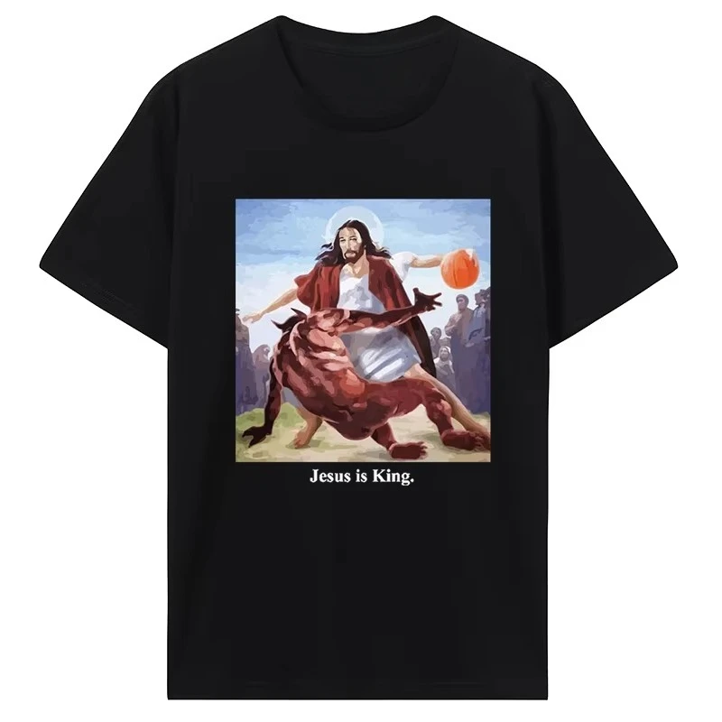 Funny Jesus Finger Turn Basketball Graphic Tee Christian Religious Easter Cotton Classic Casual Short Sleeve Streetwear Tops